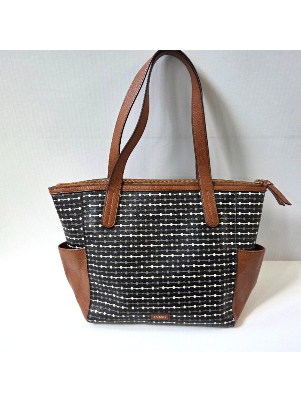 Fossil Mini Shopper Tote Black Key Pattern Brown Vegan Leather Travel Office Bag